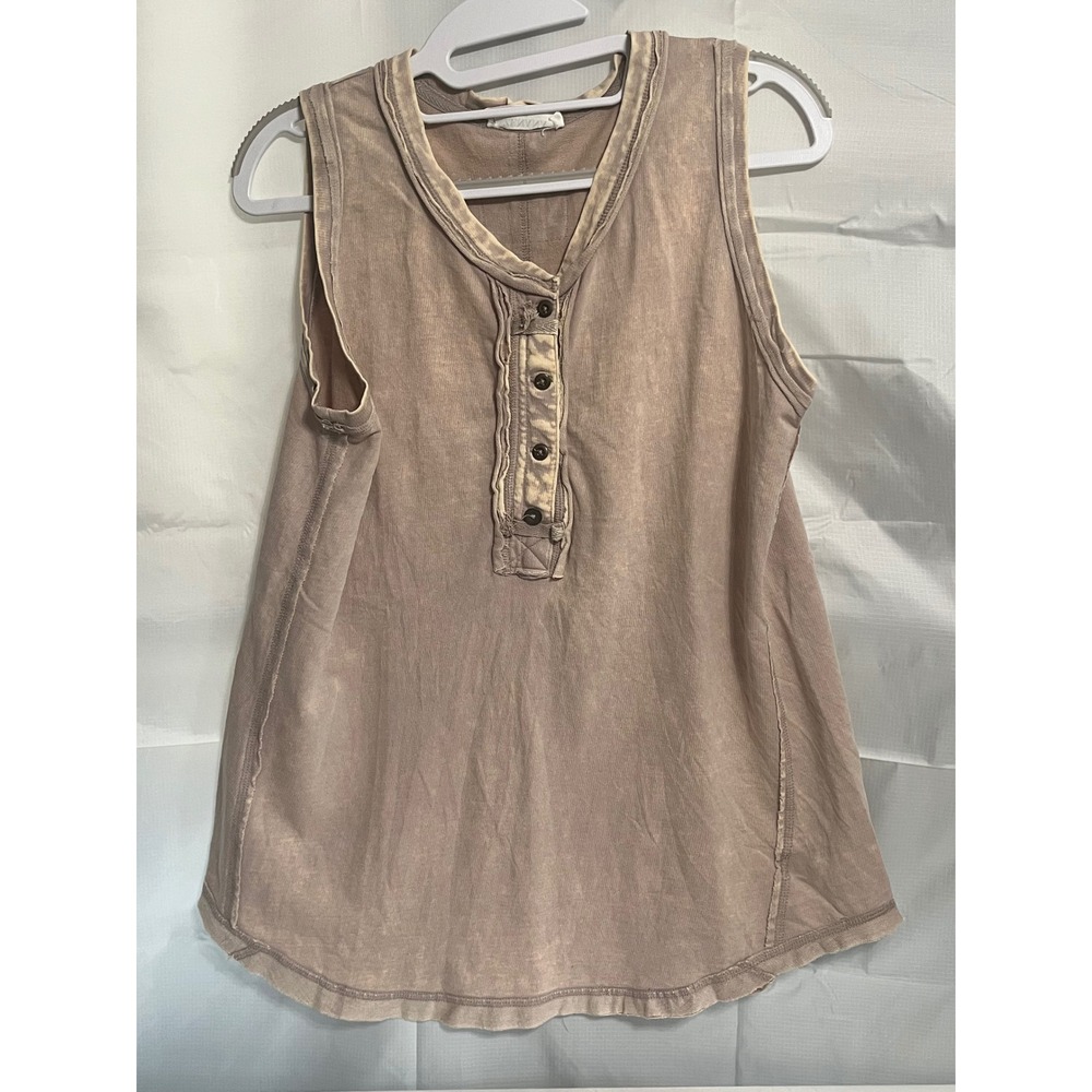 Zenana Women Brown Mineral Wash Henley Tank Top Ribbed Cotton TTW-5251Y Small